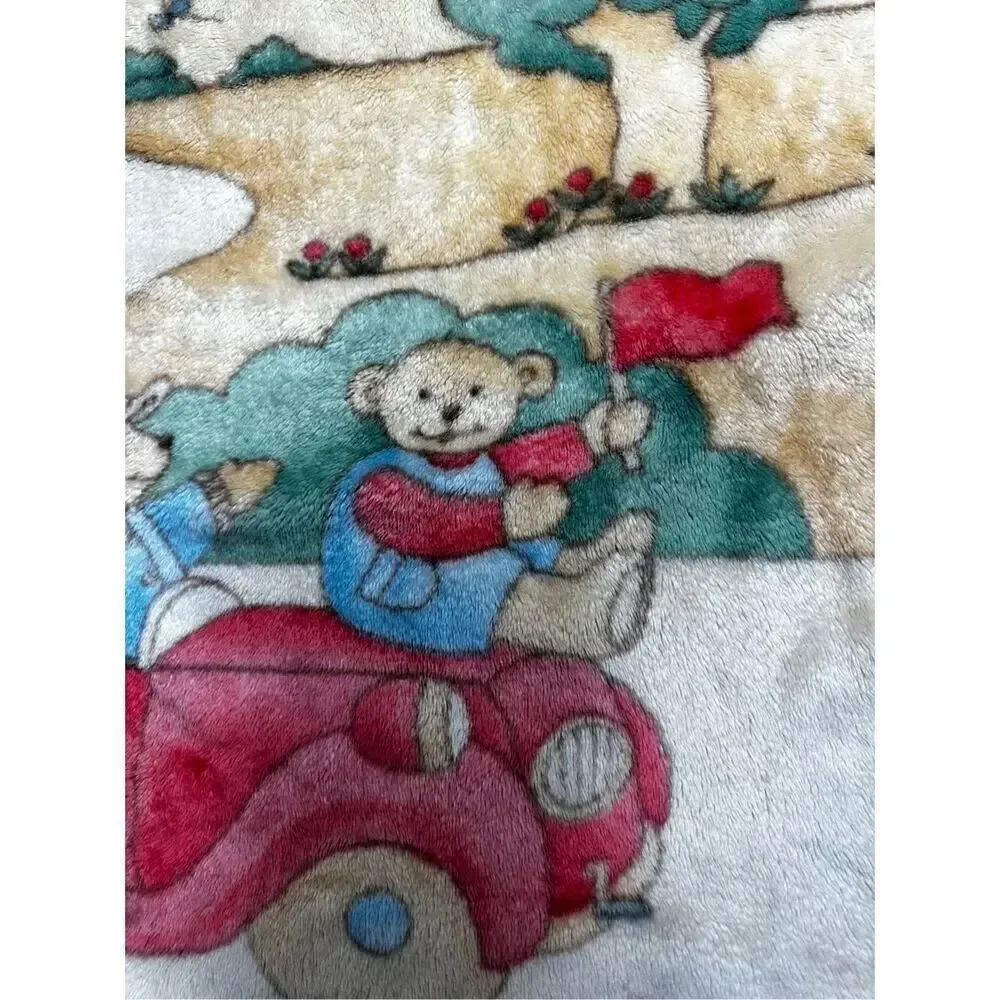 Rare Vintage Baby Fleece Blanket Teddy Bears Family On the Car 36” X 30” *Notes